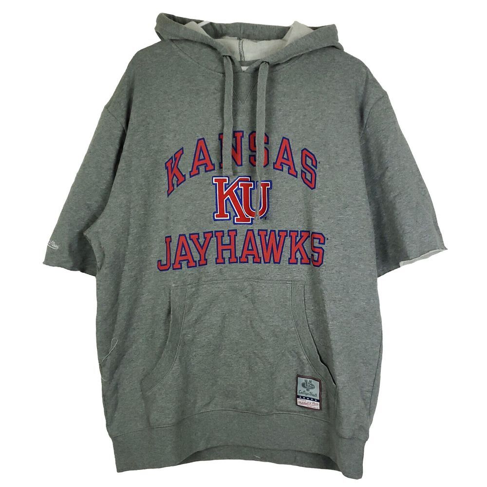 Kansas Jayhawks Mitchell & Ness NCAA Hoodie L Large Cut Off Sleeves Gray NWT